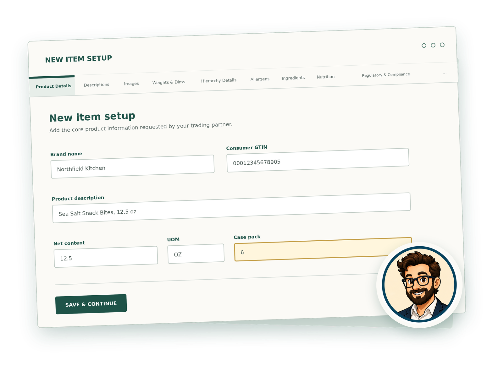 A green and gold item setup form with product details, retailer tabs, and the Item Setup Guy icon